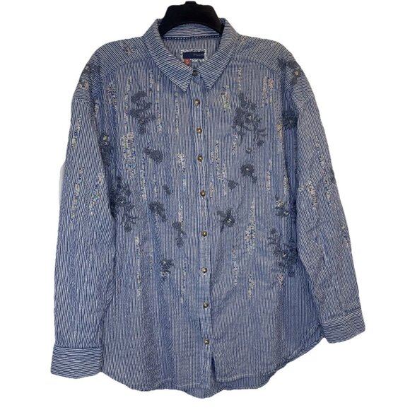 PILCRO Women’s Striped Embroidered Beaded Long Sleeve Button Down Blouse Top M - Picture 1 of 11